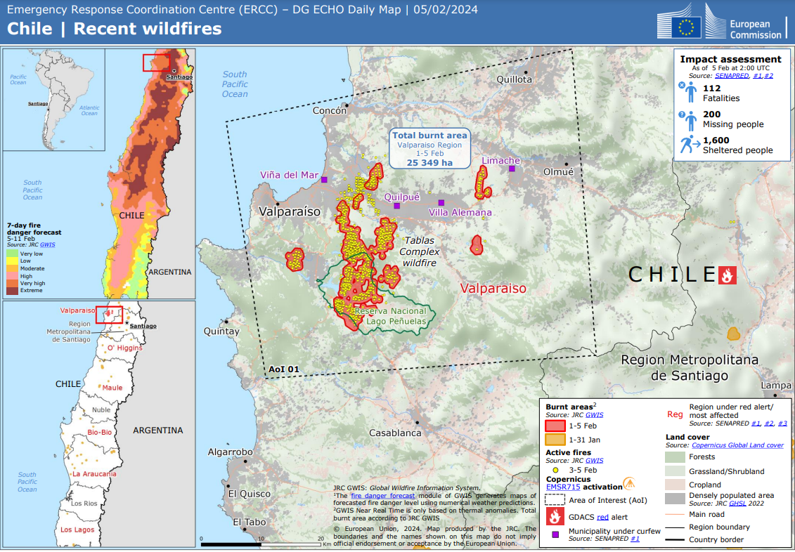 Daily map of the wildfires in Chile, as of 5 February 2024. Image: European Civil Protection And Humanitarian Aid Operations, ERCC - Emergency Response Coordination Centre