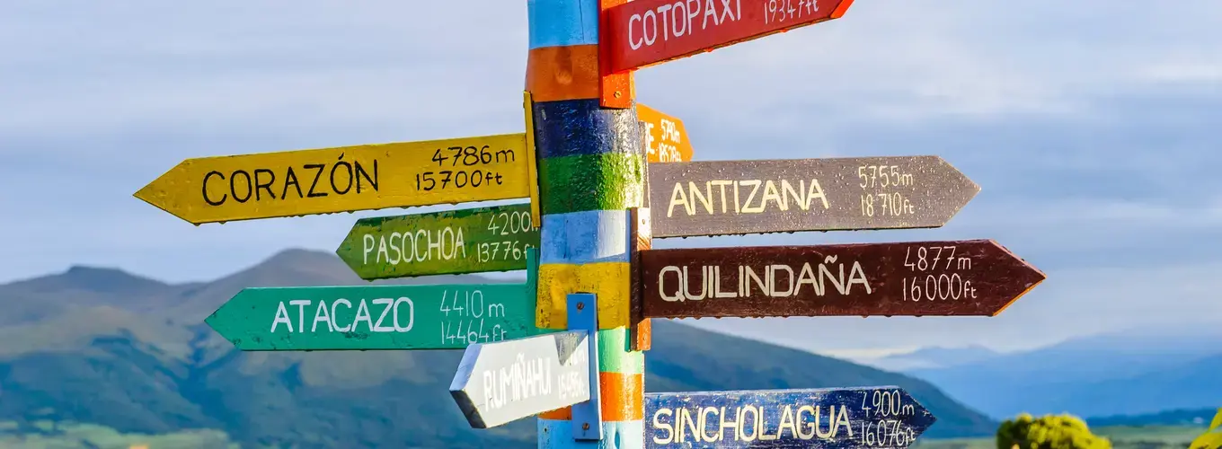 A colorful sign points to different places in Ecuador such as Atacazo, Cotopaxi, and more.