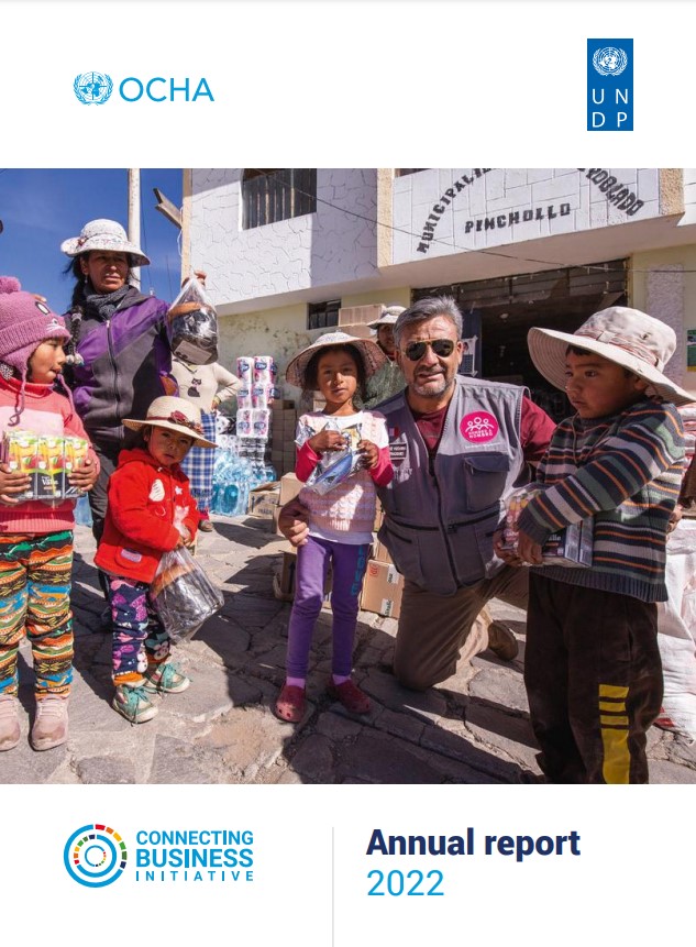 The cover of the CBi 2022 Annual Report, featuring Hombro a Hombro in Peru providing humanitarian aid after an earthquake in Spring 2022