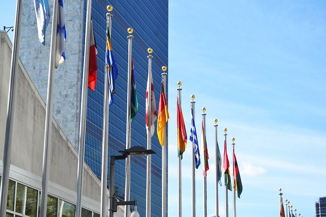 The flags in from of the United Nations in New York, USA. Photo by Anfaenger via Pixabay.