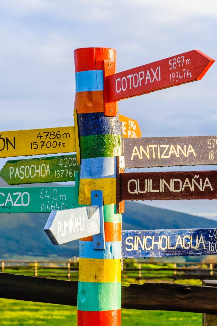 A colorful sign points to different places in Ecuador such as Atacazo, Cotopaxi, and more.