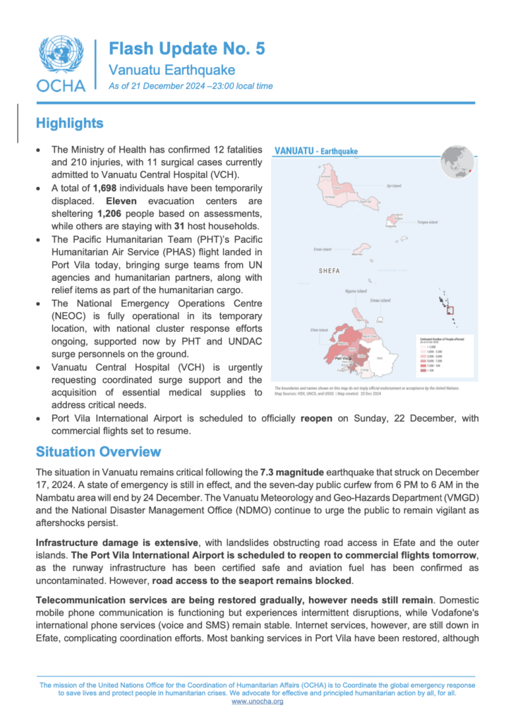 Vanuatu Earthquake: Flash Update No. 5, As of 21 December 2024 - 23:00 local time