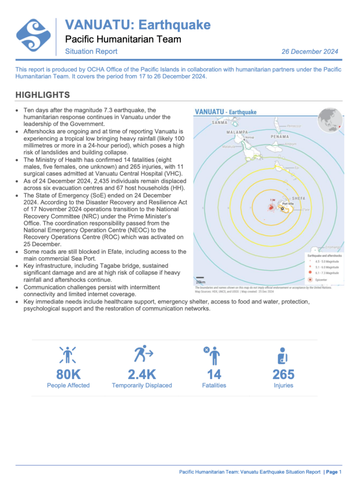 Pacific Humanitarian Team - Vanuatu: Earthquake - Situation Report (26 December 2024)