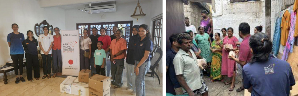 Distribution of snack packs to flood-affected families in Dematagoda, including deliveries at Sama Viharaya safety centre and directly to households in Mahawila and Gnanawimala Roads, following Cyclone Ditwah. Photo: APAD SL