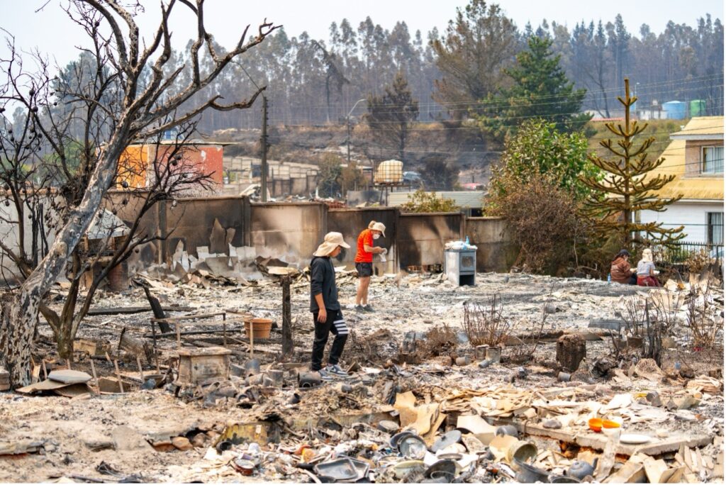 Damnificados de Punta de Parra, Tomé caminando por los restos de sus casas quemadas por el incendio. Photo: Desafio