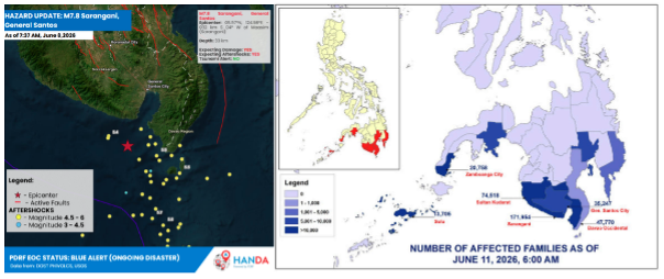 Map showing the earthquake epicentre offshore Maasim, Sarangani Province, and the distribution of affected families across southern Philippines as of 11 June 2026. Source: PDRF HANDA.