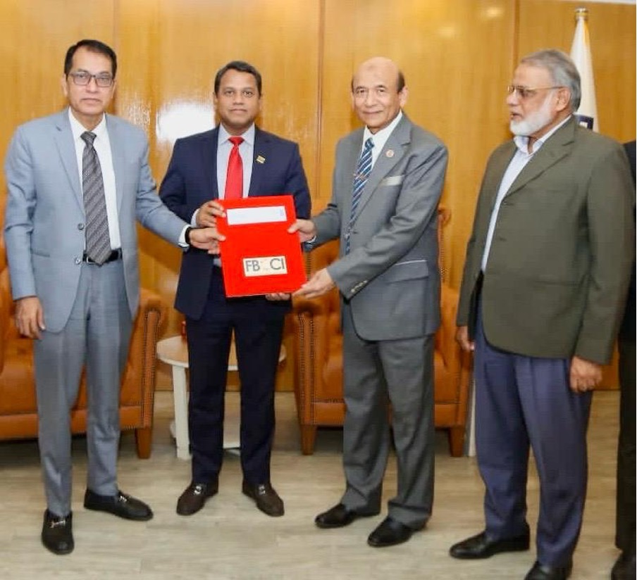In 2025, FBCCI joined the Connecting Business initiative (CBI) to strengthen private sector engagement in disaster preparedness, emergency response, and resilience, and to contribute to coordinated, inclusive, and sustainable crisis response mechanisms. Left to right: Mr. Md Alamgir, Secretary General; Mr. Md. Abdur Rahim Khan, Administrator Brig. Gen. (retd) Abu Nayeem Md. Shahidullah, Advisor, Safety Council; Mr. Shah Md. Abdul Khaleque, Senior Additional Secretary General, FBCCI