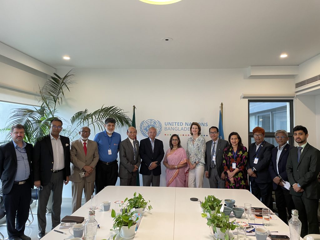 Photo caption: Left – right, Daniel Gilman, Humanitarian Affairs Officer, OCHA Regional Office for Asia and the Pacific; Mr. Razeev H. Chowdhury, Acting President of the Dhaka Chamber of Commerce and Industry; Mr. Abdul Haque, President of BARVIDA and Former Director of FBCCI; Mr. Ahsan Khan Chowdhury, Chairman and CEO of PRAN-RFL Group; Brig. Gen. (Retd.) Abu Nayeem Md. Shahidullah, Advisor to the FBCCI Safety Council; Mr. Kamran T. Rahman, Chairman of the Dhaka Metropolitan Chamber of Commerce and Industry; Ms. Nasreen Fatema Awal, Chairman of MF Consumers Ltd., Former Director of FBCCI; Lisa Doughten, Director, Financing and Outreach Division; OCHA; Mr. Md. Alamgir, Secretary General of FBCCI; Sanjana Quazi, Chief of Section, Humanitarian Affairs, OCHA; Mr. Md. Zakir Hossain Nayon, President of the Bangladesh CNG Machinery Importers Association and General Body Member of FBCCI; Mr. Md. Zafar Iqbal, ndc, Head of International Affairs at FBCCI; and Engr. Md. Nimul Islam, Web Developer and IT Officer at the FBCCI Safety Council.